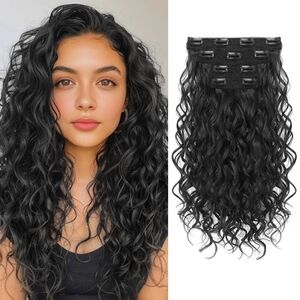 REECHO 4PCS 16” Curly Hair Extensions Clip‎ Ins – Natural Black